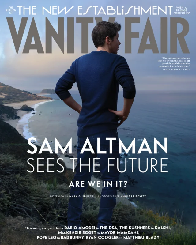 Sam Altman stands on a cliff overlooking the ocean on the cover of a Vanity Fair magazine issue titled "The New Establishment.