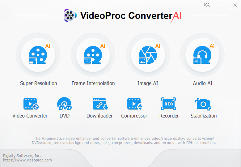 The main menu of VideoProc Converter AI software, featuring icons for AI tools, video conversion, DVD, downloading, compression, recording, and stabilization.