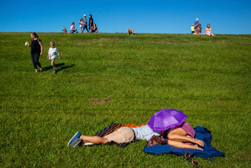 People relax on a grassy hill under a bright blue sky, with a couple lying under a purple umbrella in the foreground.