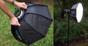 A split image showing a person holding a collapsible octagonal softbox on the left, and the same softbox mounted on a light stand in a wooded area on the right.