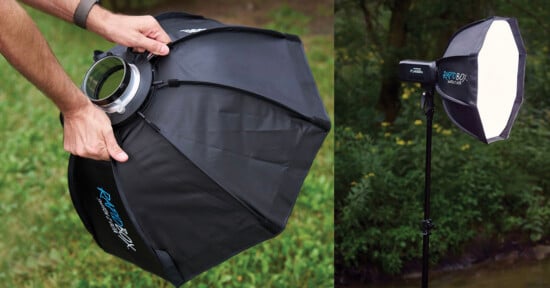 A split image showing a person holding a collapsible octagonal softbox on the left, and the same softbox mounted on a light stand in a wooded area on the right.