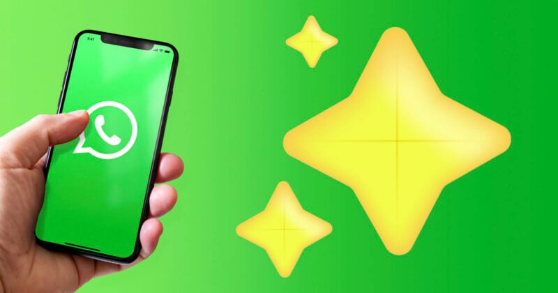 A hand holds a smartphone displaying the WhatsApp logo against a green background with three yellow, four-pointed star icons.