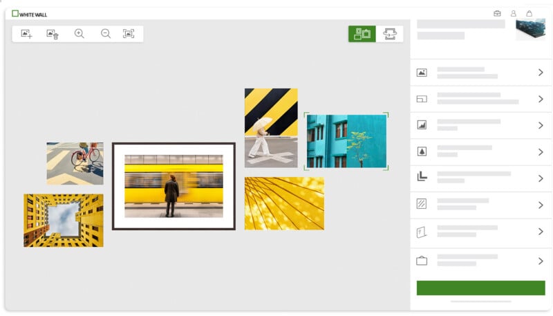 A digital interface for a photo printing service displays a workspace with several uploaded images and a sidebar menu.