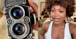 A split-screen view shows a close-up of a Rolleiflex twin-lens reflex camera on the left and a woman with an afro hairstyle wearing gold hoop earrings on the right.