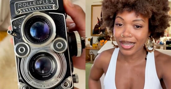 A split-screen view shows a close-up of a Rolleiflex twin-lens reflex camera on the left and a woman with an afro hairstyle wearing gold hoop earrings on the right.