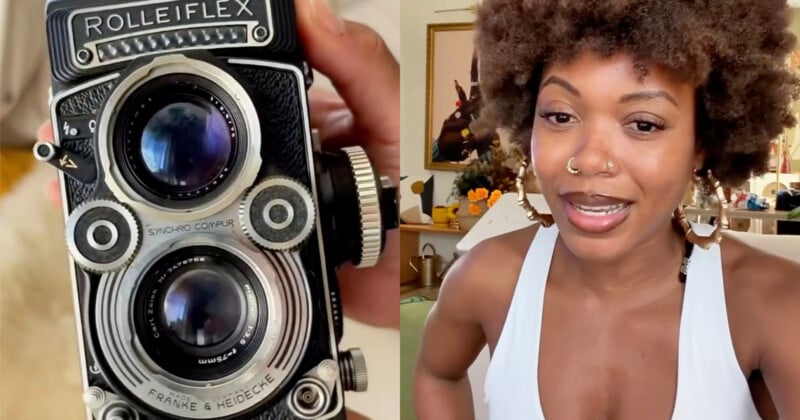 A split-screen view shows a close-up of a Rolleiflex twin-lens reflex camera on the left and a woman with an afro hairstyle wearing gold hoop earrings on the right.