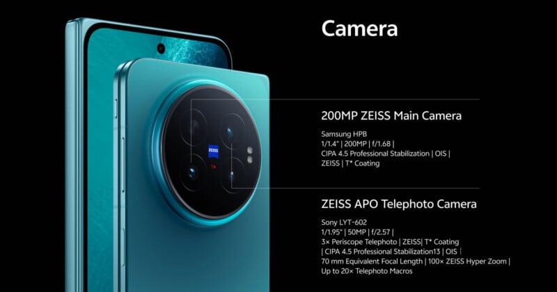A teal smartphone is shown next to a list of technical specifications for its 200MP ZEISS main camera and ZEISS APO telephoto camera.