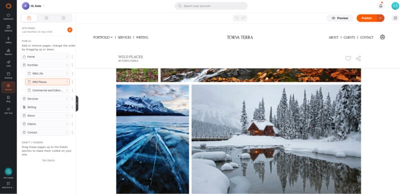 A website editor interface displaying a photography portfolio page titled "Wild Places" featuring a gallery of snowy landscapes.