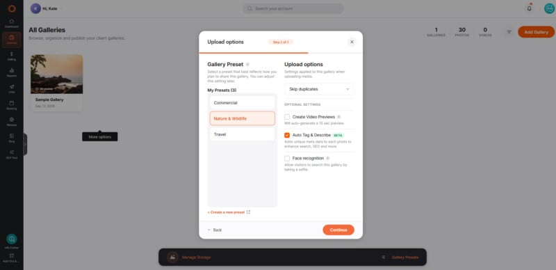 A modal window titled "Upload options" displays settings for a gallery, including a list of presets and optional features like "Auto Tag & Describe" and "Face recognition.