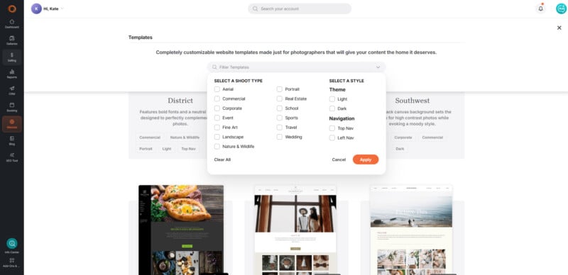 A website template selection interface for photographers, featuring a filter menu with options for shoot type, theme, and navigation.