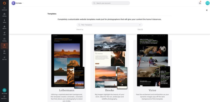 A website interface displaying three photography portfolio templates titled Leibermann, Brooke, and Victor, with a search bar and filter options above them.