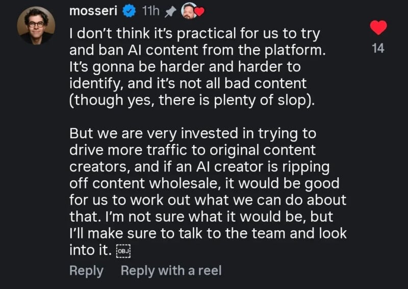 A screenshot of a social media comment by Adam Mosseri discussing the platform's approach to AI-generated content.