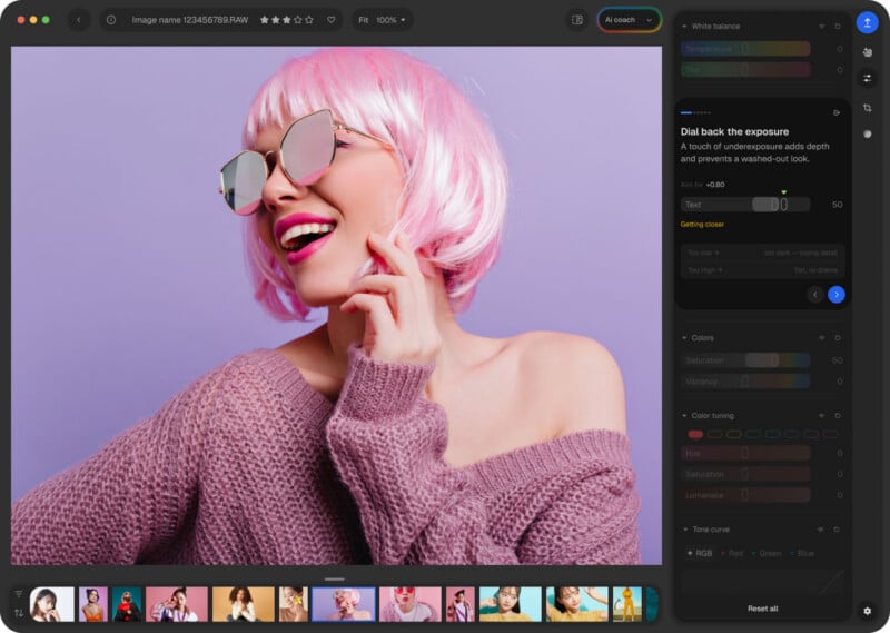 A photo editing software interface displays a portrait of a smiling woman with pink hair and sunglasses, with adjustment panels for exposure, color, and tone on the right side.