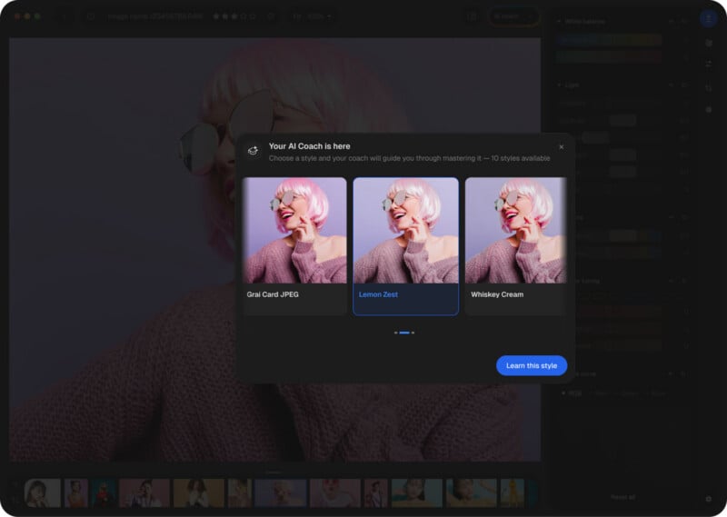 A computer interface displays an AI Coach pop-up window over a photo editing workspace, showing three style options: Grai Card JPEG, Lemon Zest, and Whiskey Cream.