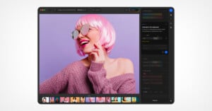 A photo editing software interface displaying a portrait of a woman with pink hair and sunglasses, with adjustment panels on the right and a filmstrip of images at the bottom.