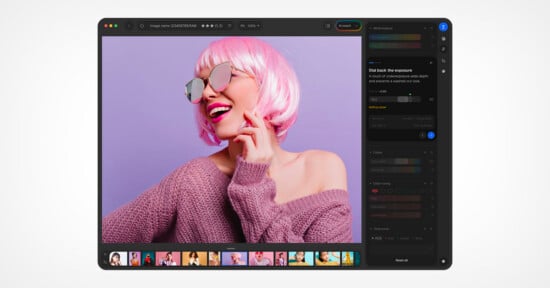 A photo editing software interface displaying a portrait of a woman with pink hair and sunglasses, with adjustment panels on the right and a filmstrip of images at the bottom.