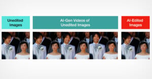 A comparison chart shows an unedited wedding photo, three AI-generated video frames of the couple smiling, and an AI-edited version of the original photo.