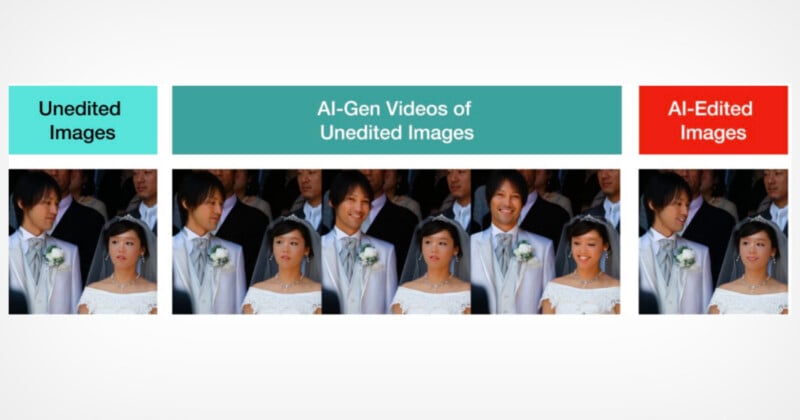 A comparison chart shows an unedited wedding photo, three AI-generated video frames of the couple smiling, and an AI-edited version of the original photo.