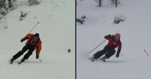 A split-screen view shows two skiers in motion, each carving a turn on a snow-covered slope.