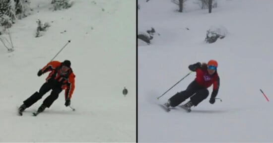 A split-screen view shows two skiers in motion, each carving a turn on a snow-covered slope.