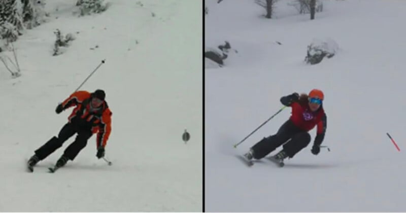 A split-screen view shows two skiers in motion, each carving a turn on a snow-covered slope.