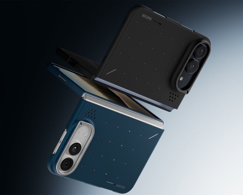 Two foldable smartphones, one black and one blue, are floating against a dark gradient background, both featuring textured cases with small, colorful dot patterns.