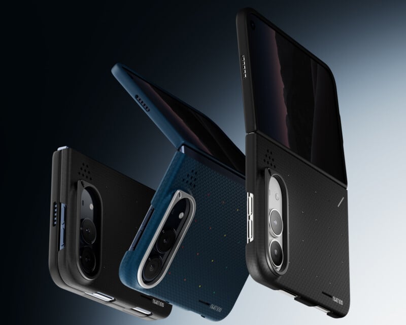 Three foldable smartphones in protective cases are floating against a gradient background, showing both their folded and unfolded states.