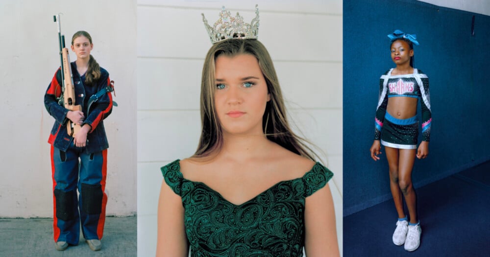 A triptych showing a girl in shooting gear, a girl wearing a crown and formal dress, and a girl in a cheerleading uniform.