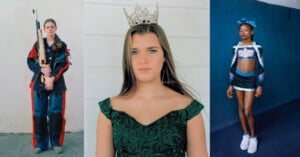 A triptych showing a girl in shooting gear, a girl wearing a crown and formal dress, and a girl in a cheerleading uniform.