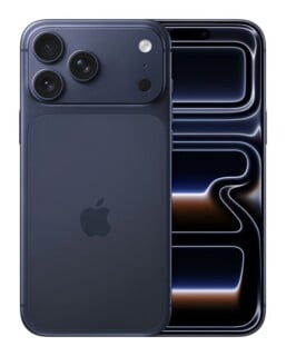 A dark blue smartphone shown from the back and front, featuring a triple-lens camera array and a screen displaying an abstract, flowing design.