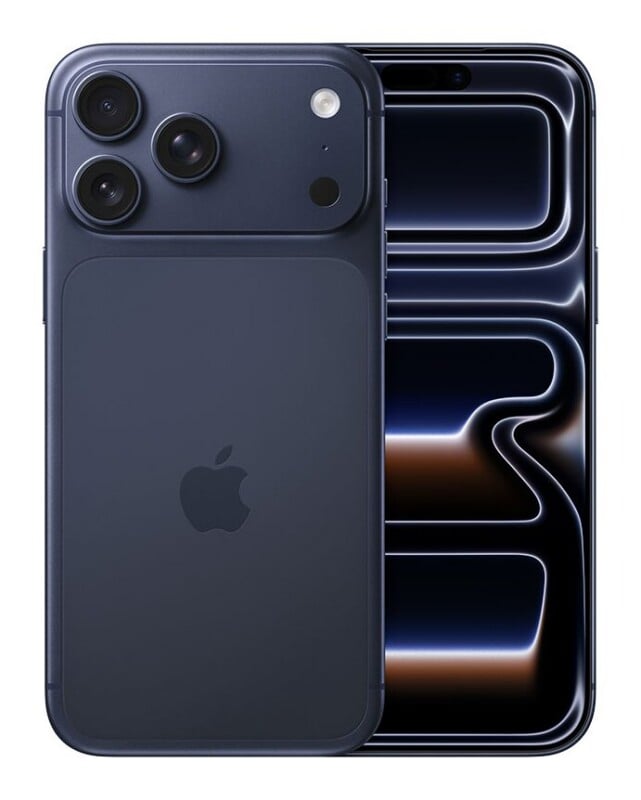 A dark blue smartphone shown from the back and front, featuring a triple-lens camera array and a screen displaying an abstract, flowing design.