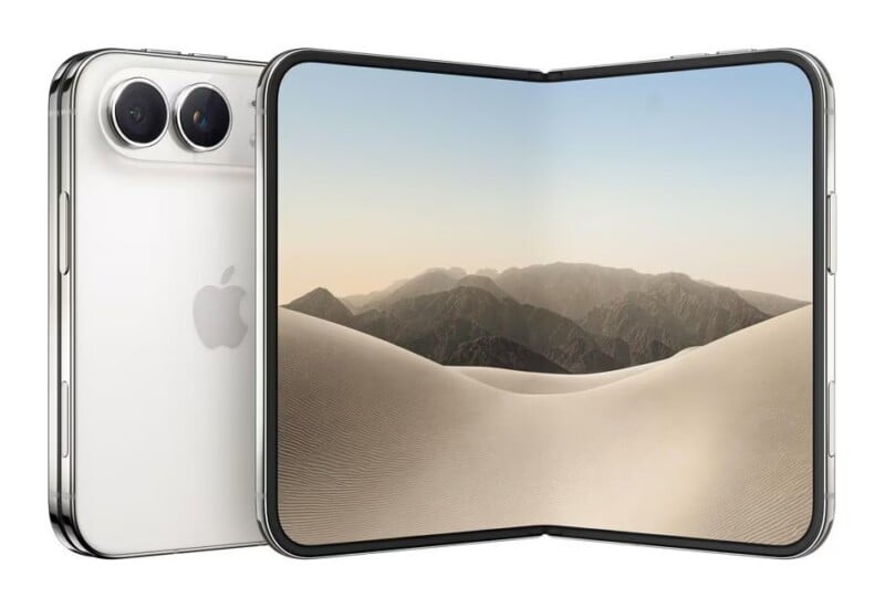 A white foldable smartphone with a dual-camera array on the back is shown open, displaying a desert landscape on its screen.