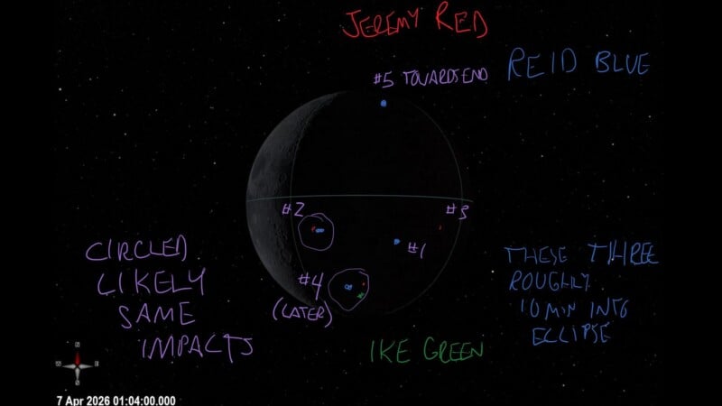 A lunar eclipse view with handwritten annotations in red, blue, and green labeling numbered points and observations on the moon's surface.