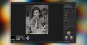 A computer screen displaying the Adobe Lightroom interface with the iconic "Migrant Mother" photograph selected in the center.