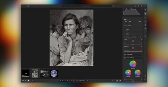 A computer screen displaying the Adobe Lightroom interface with the iconic "Migrant Mother" photograph selected in the center.