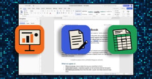 A Microsoft Word document titled "The Open Studio Handbook" is overlaid with three icons representing a presentation, a document, and a spreadsheet.