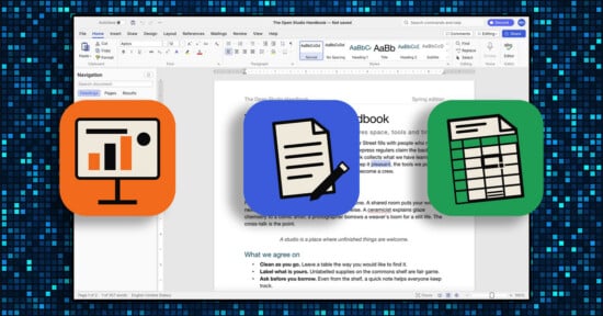 A Microsoft Word document titled "The Open Studio Handbook" is overlaid with three icons representing a presentation, a document, and a spreadsheet.
