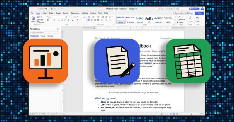 A Microsoft Word document titled "The Open Studio Handbook" is overlaid with three icons representing a presentation, a document, and a spreadsheet.