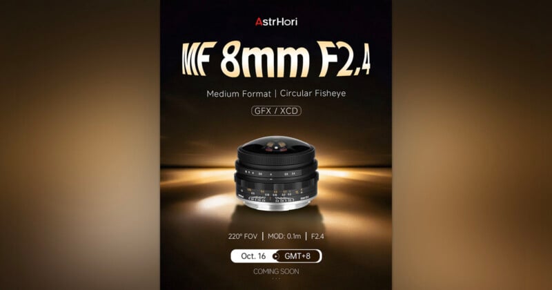 A promotional graphic for an AstrHori 8mm F2.4 medium format circular fisheye lens for GFX and XCD mounts, featuring a product image and release date of October 16.