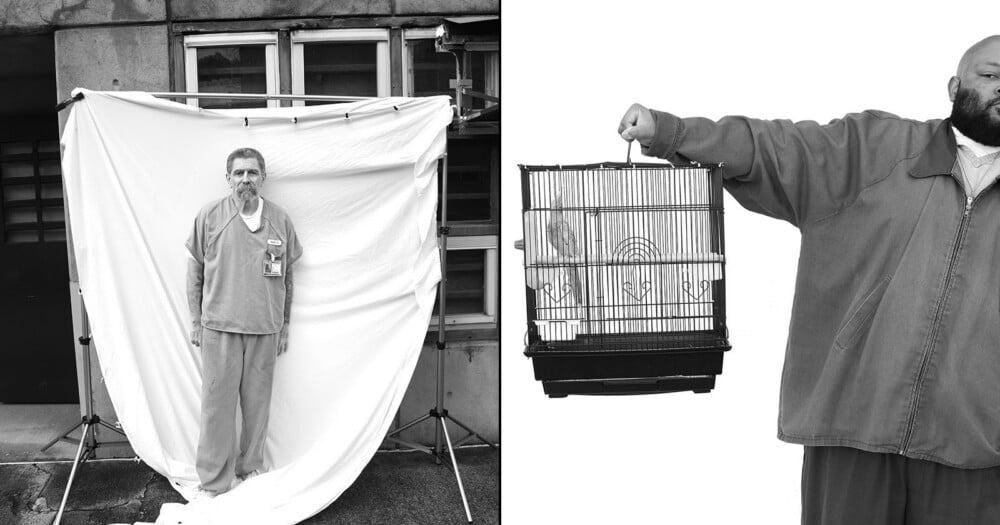 A split-screen image shows a man in prison scrubs standing before a white backdrop on the left, and a man holding a birdcage on the right.
