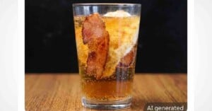 A glass filled with a carbonated amber liquid contains a strip of cooked bacon and a scoop of white ice cream.