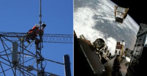 A split-screen image shows a technician working on a high-altitude communications tower on the left and a satellite floating above Earth on the right.