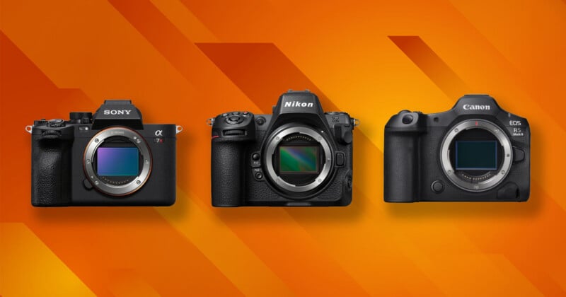 Three professional mirrorless cameras—a Sony Alpha 7R, a Nikon Z, and a Canon EOS R5 Mark II—are arranged side-by-side against an orange background.