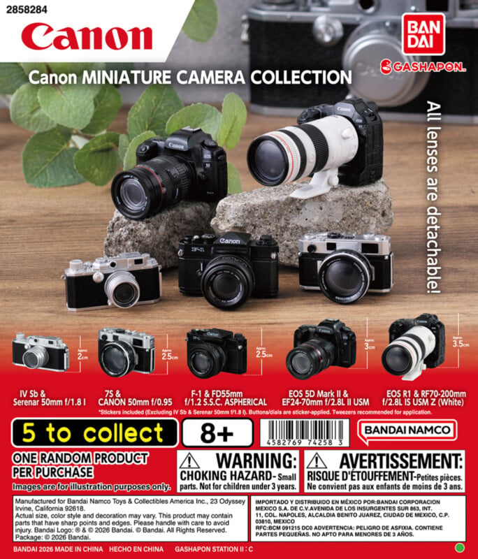 A promotional flyer for a Canon Miniature Camera Collection by Bandai Gashapon, featuring five different camera models and their lenses on a wooden surface.