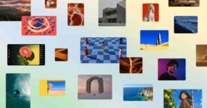 A collage of various photographs and illustrations featuring landscapes, people, animals, and abstract scenes arranged on a light background.