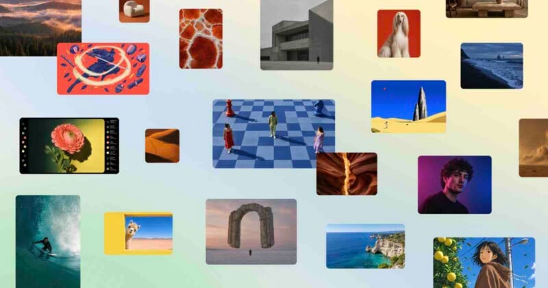 A collage of various photographs and illustrations featuring landscapes, people, animals, and abstract scenes arranged on a light background.
