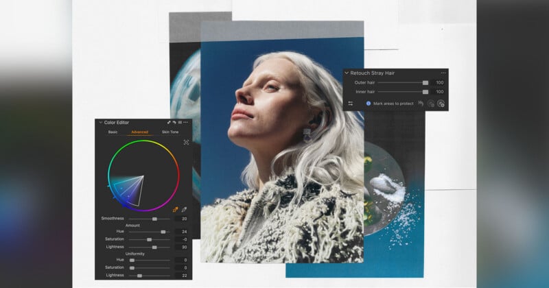 A portrait of a person with white hair is overlaid with two software editing panels, one for color adjustment and one for retouching stray hair.