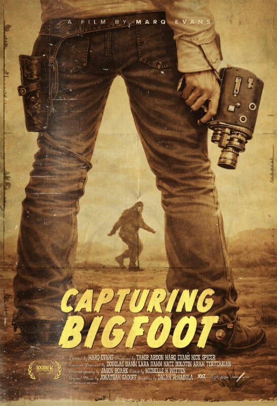 A movie poster for "Capturing Bigfoot" shows a person from the waist down wearing jeans and a holster, holding a vintage film camera, with a silhouette of Bigfoot walking in the distance.