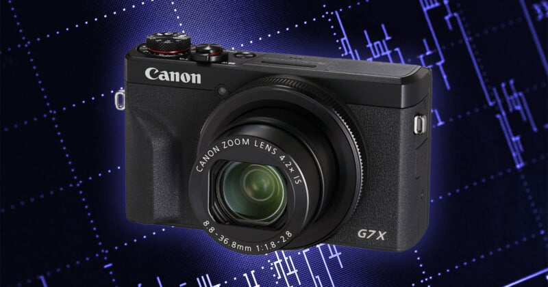 A black Canon PowerShot G7 X Mark III digital camera is centered against a dark blue background with a glowing, abstract digital grid pattern.