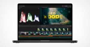 A laptop screen displays a video editing software interface featuring a waveform monitor, a video preview of a forest scene with the text "RED WOODS," and a multi-track timeline.